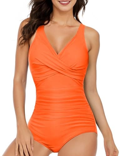 Women's One Piece Swimsuits Tummy Control Bathing Suits for Womens V Neck Criss Cross Ruched Push Up Slimming Swimwear Orange