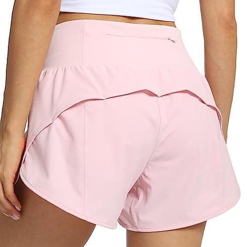 Kcutteyg Running Shorts for Women with Liner High Waisted Lightweight Womens Workout Shorts with Back Pocket- 4" (Pink, M)