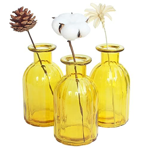 HANIHUA Glass Vase for Flowers, Small Bud Vase for Wedding Decor, 3 Pack Yellow Home Decorative Vase Set Round Vintage Glass Bottles, Wedding Centerpiece for Table, 2.87"X 5.4"