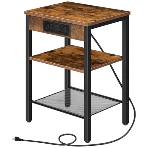 HOOBRO Side Table with Charging Station and USB Port, Small End Table for Small Space, 3-Tier Nightstand with Adjustable Shelf, for Living Room, Bedroom and Balcony, Rustic Brown BF112BZ01