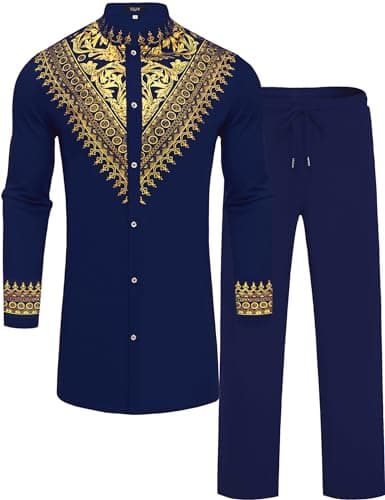 ZSJR Mens African 2 Piece Set Metallic Traditional Suit Gold Stamp Printed African Dashiki Shirt and Pants Outfit Navy Blue M