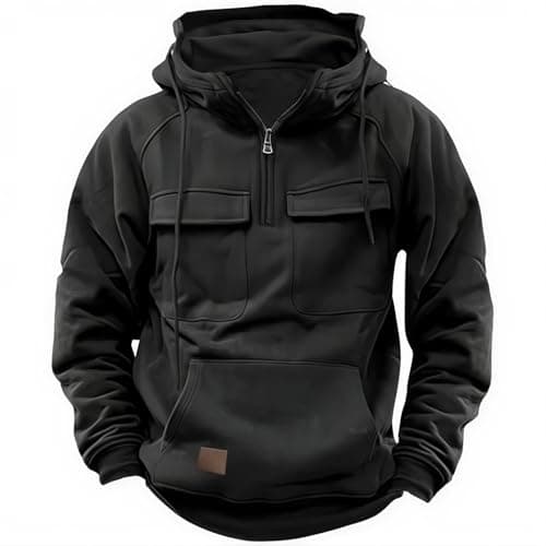 Drantren Cargo Hoodies for Men Tactical Sweatshirt Quarter Zip Cargo Pullover Hoodies Workout Gym Men Fashion Outdoor Hoodie Black