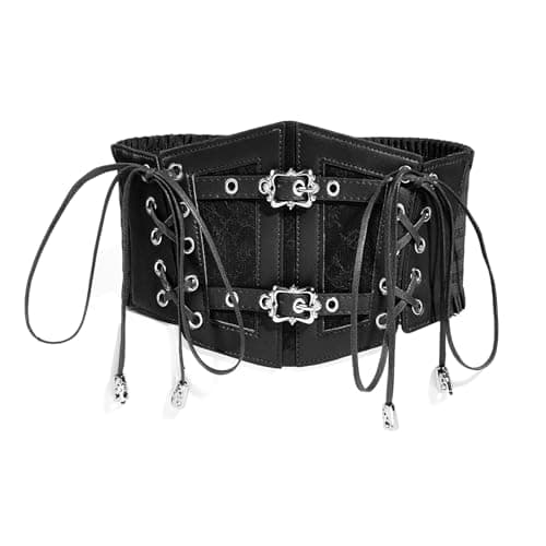 Vintage Faux Leather Corset Belt Sides Lace-up Medieval Renaissance Underbust Wide Elastic Waist Belts for Women (Black, Fit Waist 25-29")