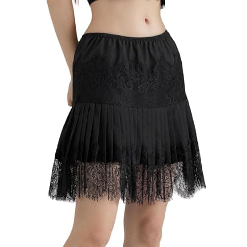 dzmelzu Lace Skirts, Y2K Lace Skirts for Women with Ruffle Floral, Widened Low Waist Layered Slip Skirt S-3XL (US, Alpha, XX-Large, Regular, Regular, Black)