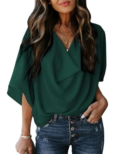 Dokotoo Blouse for Women 3/4 Sleeve Spring Summer Tops for Women Sexy Casual V Neck Floral Print Ladies Wrap Draped Front Chiffon Shirts for Women 2025 Business Casual Outfits for Women,Green,Medium