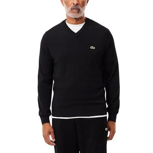 Lacoste Men's Monochrome Cotton V-Neck Sweater, Black, X-Large