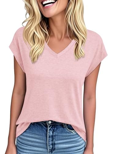 YOKGO Womens Summer Tops Short Sleeve Shirts V Neck Basic Tees Cap Sleeve T Shirts Casual Trendy Spring Fashion Clothes 2025 Light Pink