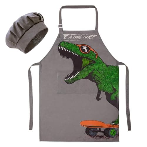 MHJY Kids Apron and Chef Hat for Boys Dinosaur Adjustable Child Aprons with Pockets for Cooking Baking Painting 3-12 Years