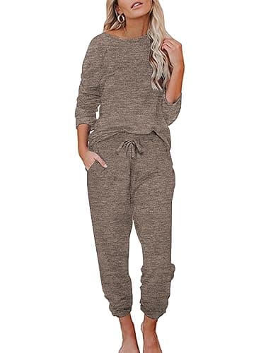 Ekouaer Womens Pajamas Set Long Sleeve Loungewear Soft Lounge Set Joggers with Pockets,Large,Light Brown