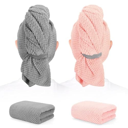 BEoffer 2 Pack Microfiber Hair Towel - 41 x 24 inches Super Soft, Absorbent, Fast Drying Without Frizz Hair Towel Wrap for Women Long, Thick, Curly Hair - Hair Turbans with Elastic Strap