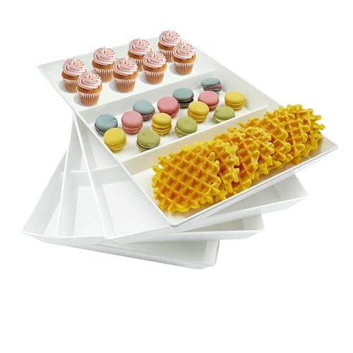 AMGBZT Divided Serving Tray Platter, 4 Pack 15" x 10" Fruit Veggie Food Tray for Party, Plastic Serving Trays for Appetizer, Snack, Dessert, Cookie, Brunch Decorations Platters, White Trays BPA-Free