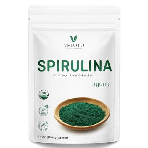 VELOTO Spirulina Powder Organic, Organic Spirulina Superfood Powder, Natural Antioxidants & Vitamins Supplement, Pure Vegan Protein for Immune Support, Non-GMO. Gluten-Free, 1 Pound (16 Ounce)