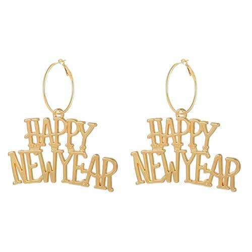 MALOYANVE Colorful Happy New Year Earrings Handmade Acrylic Glitter Star Love Heart Firework Clock Shining Pendant Dangle Earrings for Women Festive Party Lucky Jewelry Gifts (Alloy Gold Letters Hoop)