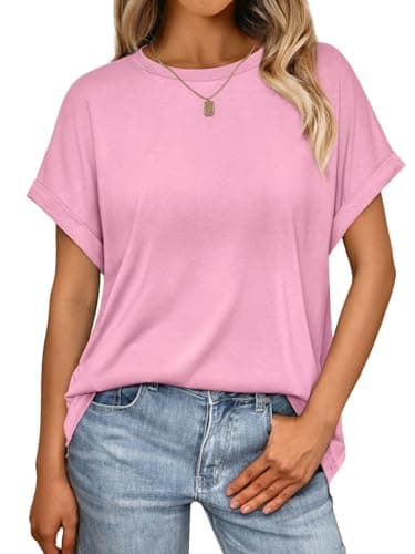 AUTOMET Womens Tops Oversized Business Casual Shirts Loose Fit Short Sleeve Tshirts Summer Clothes Fashion Trendy Outfit Pink XL