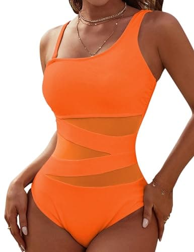 Blooming Jelly Women's Sexy One Piece Bathing Suits One Shoulder Swimsuits Slimming Mesh Swimwear (Large, Orange)