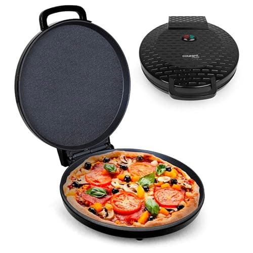 Courant Pizza Maker 12 inch Pizzas Machine, Newly improved Cool-touch Handle Non-Stick plates Pizza oven & Calzone Maker, Electric Countertop Oven for Home or School, 12” Indoor Grill/Griddle, Black