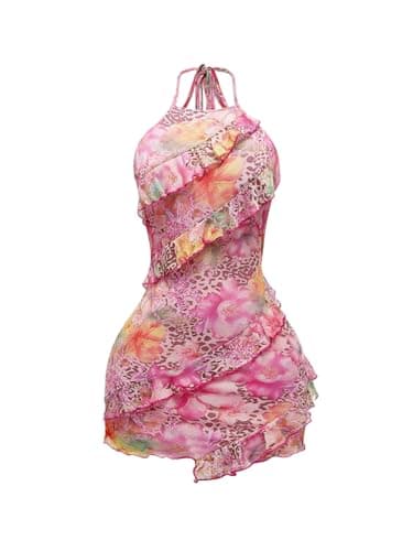 Floerns Women's Boho Backless Halter Mini Dress Sleeveless Floral Layered Ruffle Bodycon Dresses Pink Large