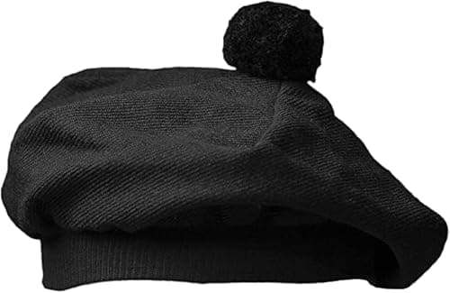 Scottish Tam Hat Traditional Tam O Shanter Hat Men Caps with Pompom Classic Scottish Caps for Men (US, Alpha, One Size, Large, Plain Black Tartan)