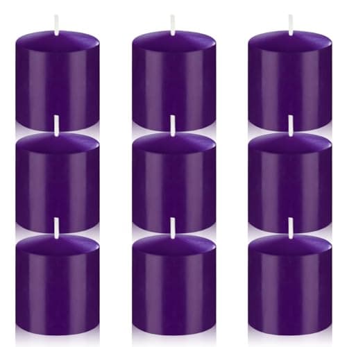 9 Packs Purple Votive Candles, Unscented Small 1.5 Inch by 1.25 Inch Non-Toxic Dripless Colored Wax Votives for Home Holiday Party Table Decor - 8 Hour Burn Time