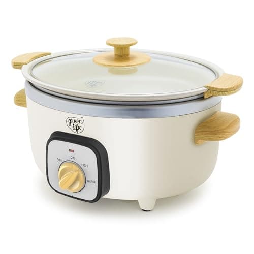 GreenLife 3.5QT Slow Cooker, PFAS-Free Non-Toxic Ceramic Nonstick Removable Interior Bowl, Programmable, Keep Warm, Stovetop & Oven Safe Pot, Dishwasher Safe Crock & Glass Lid, Cream