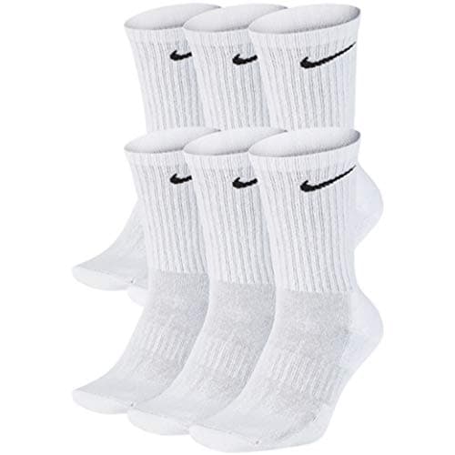 NIKE Dri-Fit Training Cotton Cushioned Crew Socks 6 PAIR White with Black Signature Swoosh Logo) LARGE 8-12