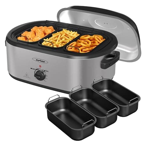 Sunvivi Electric Roaster Oven, 24 QT Turkey Roaster Oven with 3 Bin Buffet Server, 150-450F Full-Range Temperature Control, Removable Pan & Rack, Stainless Steel, Silver