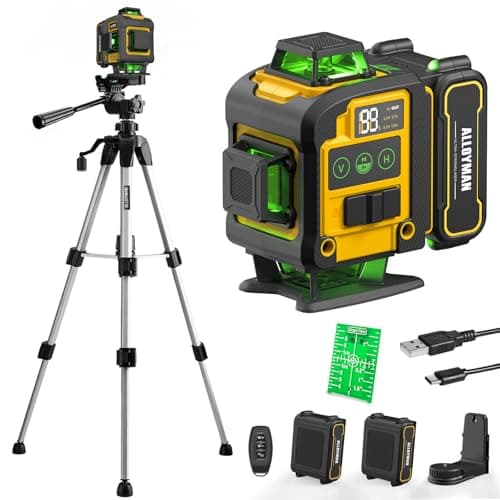 Laser Level with Tripod, Alloyman 4x360° Self Leveling Laser Level, Green Line Laser 4D Laser Leveler Tool with 2Pcs Lithium Batteries for Picture Hanging, Tile, Home Renovation, Indoor