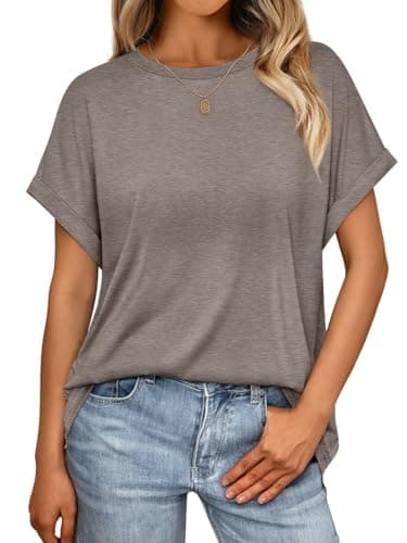 AUTOMET Womens Tops Oversized Business Casual Shirts Loose Fit Short Sleeve Tshirts Summer Clothes Fashion Trendy Outfit CoffeeGrey L