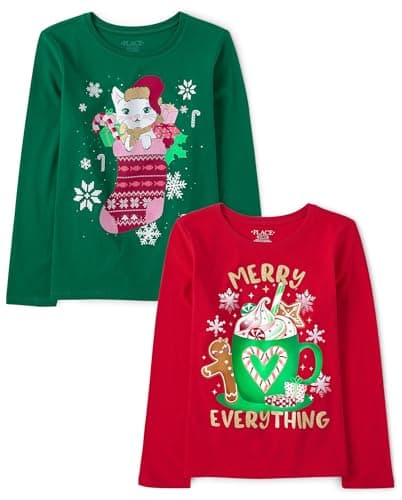 The Children's Place,Girls,All Holidays Long Sleeve Graphic T-Shirts,Multipacks,Xmas Cat/Xmas Merry 2-Pack,Medium