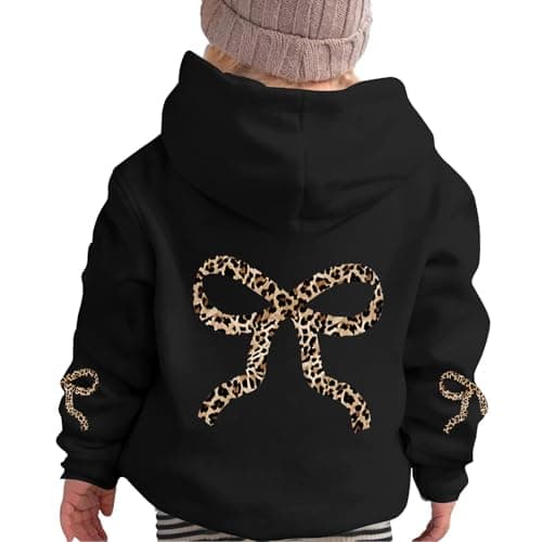 Bobeutou Girl's Leopard Bow Graphic Hoodies Cute Hooded Sweatshirts Kids Preppy Hoodie Long Sleeve Pullover Tops 3-12Y(Black,130)