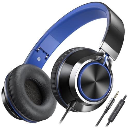 AILIHEN C8 Kids Headphones Wired, On-Ear Headphones with Microphone and Volume Control Foldable Corded Stereo 3.5mm Headset for School Teens Smartphones Chromebook Laptop Tablets Travel (Black Blue)