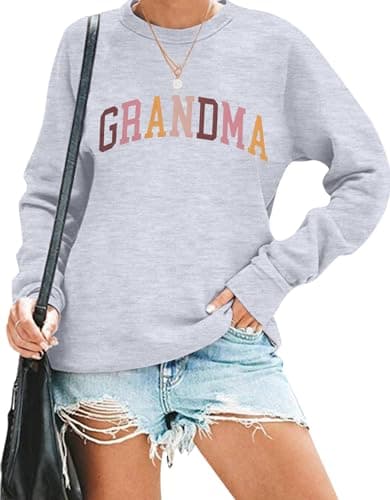 Grandma Sweatshirt Women Nana Life Sweatshirts Colorful Grandma Letter Print Crewneck Mimi Birthday Gift Light Grey