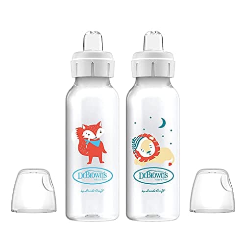 Dr. Brown's Milestones Narrow Sippy Bottle, 100% Silicone Soft Sippy Spout, 8oz/250mL, Fox & Lion, 6m+