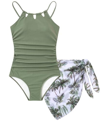 Cuddomper Girls Swimsiut Size 11-12 Green Teen One-Piece Bathing Suit with Tropical Print Mesh Cover Ups Adjustable Straps Cut Out Swimwear