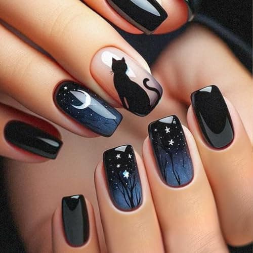 Halloween Press on Nails Square Fake Nails Acrylic Nails Kit with Black Cat Pattern Design Full Cover Artificial False Nails Medium Glue on Nails for Women Girls 24Pcs