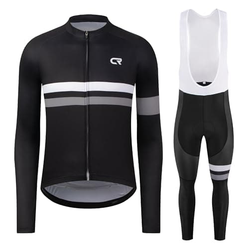 Coconut Ropamo CR Men's Cycling Clothing Set Long Sleeve Cycling Jersey Zipper Pocket Bike Outfit Cycling Bib Pants 3D Padded (Black/Grey, M)