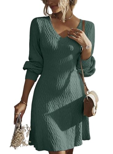 Dokotoo Womens Fall Wedding Guest Dresses for Women Winter Clothing 2025 Business Casual Work Long Sleeve Dress V Neck Knit Ribbed Ladies A Line Sweater Dress Mist Green Dresses for Women L