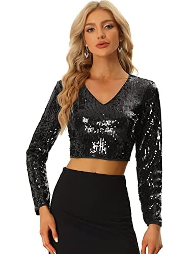 Allegra K Sequin Crop Top for Women's Long Sleeve V Neck Sparkly Shiny Party Blouse Shirt Small Black