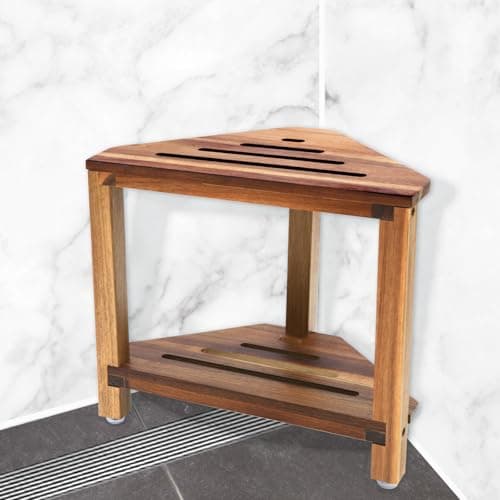 IBosins Corner Shower Stool with Storage Shelf - Shaving Bench for Inside Shower to Sit on - Acacia Wood