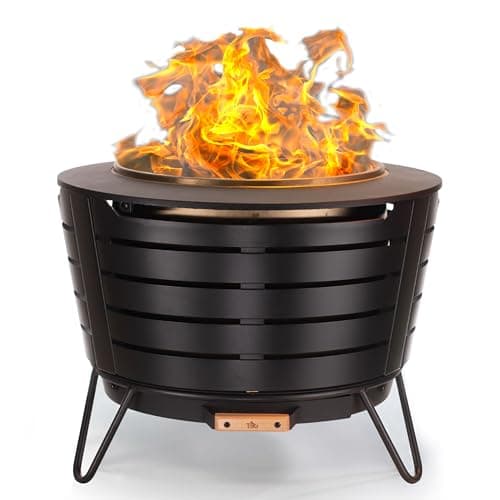 TIKI Patio Fire Pit Bundle – 25-Inch Smokeless Wood Burning Outdoor Fire Pit for Backyard, Patio, Deck & Garden with Removable Ash Pan, Stand & Weather-Resistant Cover – Modern Black Stainless Steel