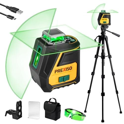 PREXISO 360 Laser Level with Tripod - IP54 Rechargeable Wide Angle Vertical Line Laser, 100Ft Green 3 Brightness Adjustment Self Leveling Cross Line for Construction, Floor Tile, Renovation