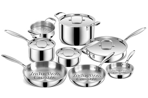 Triple Ply Stainless Steel Pots and Pans Set, EWFEN 12 Piece Induction Cookware Set, Oven Dishwasher Safe | Frying Pans, Saucepans, Saute Pan & Stock Pot, PFOA Free Kitchen Skillet