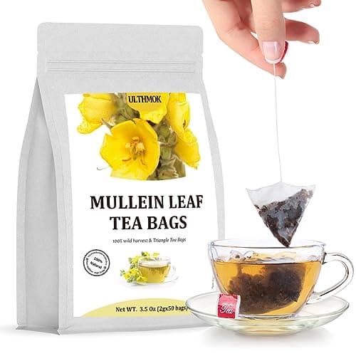 Premium 50 Mullein Leaf Tea Bags. Made with 100% Pure Mullein Leaves, for Lungs Cleanse and Respiratory Support, No Flavoring & No Additives & Caffeine Free.