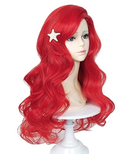 LABEAUTÉ Max Beauty Curly Long Red Mermaid Wigs Daily Wig Hair Heat Resistant Synthetic Fiber for Halloween for Cosplay for Christmas (Red Kids + Hairpin)