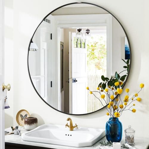 VooBang Black Round Bathroom Mirror, 24 inch Circle Mirror, Round Wall Mounted with Simple Metal Frame, Modern Round Hanging Mirror for Bathroom, Hallway, Living Room, Black Frame