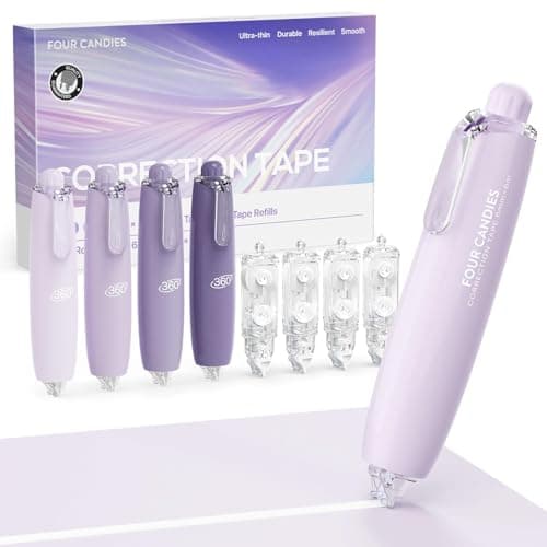 Four Candies Refillable Retractable White Correction Tape, 4PCS Smooth White Pull-Out Tape with 4 Extra Refills, Easy to Use Applicator for Instant Corrections for Office, School Supplies (Purple)