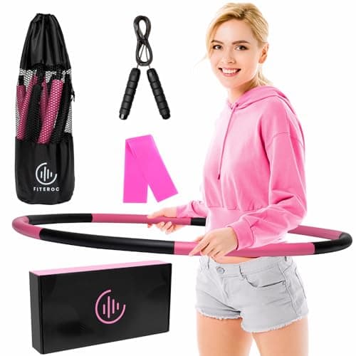 Fiteroc Weighted Fitness Hula Hoop Adult Beginner - 2.8 lb Weighted Hula Hoop for Adults - Detachable and Portable - Exercise Holahoop with Jump Rope, Resistance Band and Carry Bag (Black/Pink)