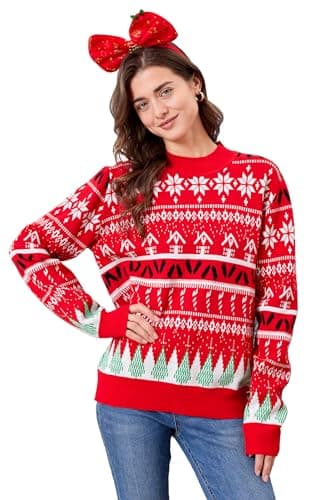 dressfan Unisex Red Christmas Sweaters Funny Ugly Xmas Snowflake Christmas Matching Sweater Knit Oversized Pullover Crew Neck Long Sleeve for Women & Men,XL