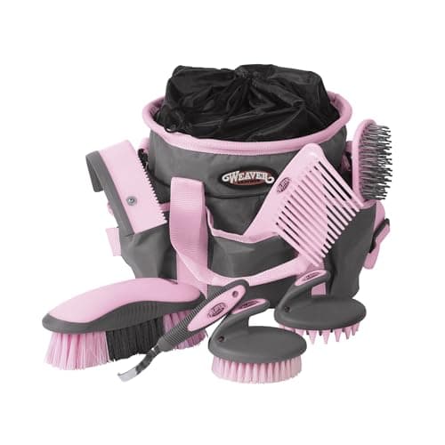 Weaver Leather Horse Grooming Kit, 7-piece Brush Set with Organizer Tote Bag, Equine Care, Horse Track Room Equipment, Grooming Supplies, Gray/Pink