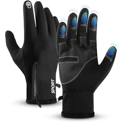 AURUZA Zipper Winter Gloves for Men Women, Thermal Touchscreen Gloves Waterproof Windproof for Cycling, Skiing, Running & Cold Weather,Black,Medium